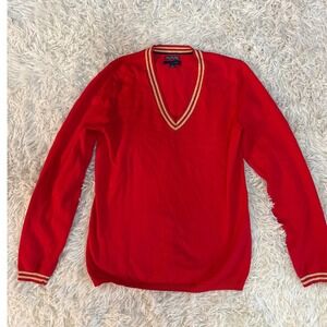 Vintage Tommy Hilfiger Red V Neck Sweater Gold Trim Pima Cotton Blend Size M‎